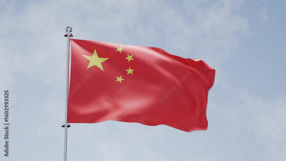 3d animation of waving flag and cloudy sky, national flag of People's Republic of China, China, HD, 4k