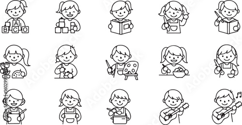 Collection of diverse hand drawn children characters isolated on transparent background