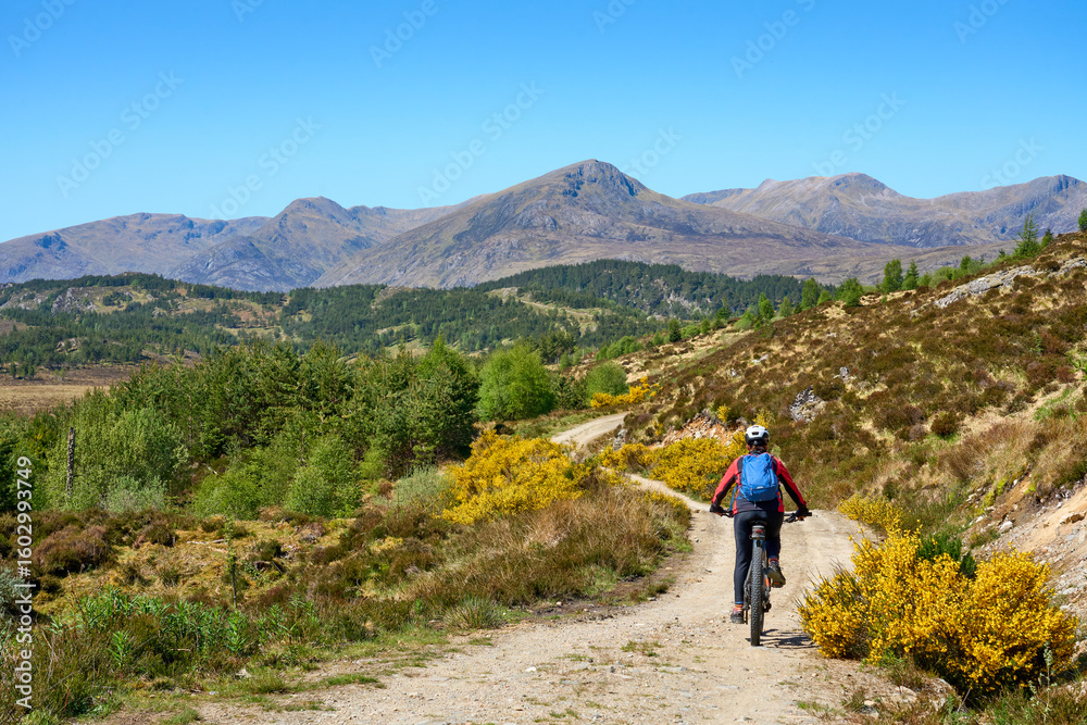 Obraz premium nice senior woman riding her electric mountain bike in the highlands of Glen Affric Nature reserve, Scotland, UK