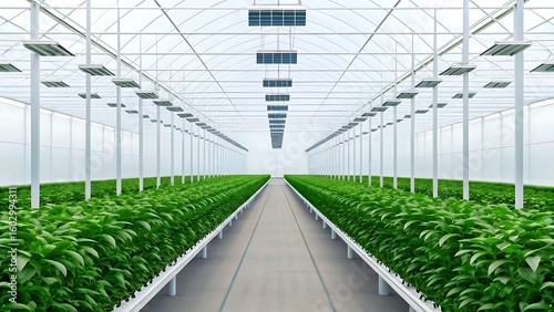 Green plants growing in a modern greenhouse interior