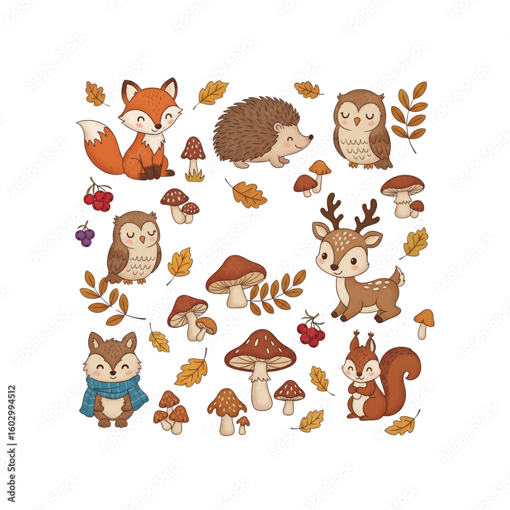 Obraz premium Cute autumn woodland animal vector pack with fox, hedgehog, owl, deer, and squirrel surrounded by mushrooms, berries, and fall leaves