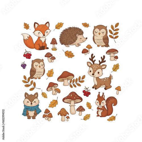 Cute autumn woodland animal vector pack with fox, hedgehog, owl, deer, and squirrel surrounded by mushrooms, berries, and fall leaves