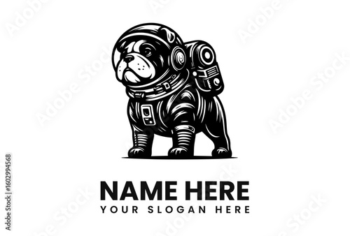 Bulldog Astronaut in Vintage Style Space Suit Illustration.