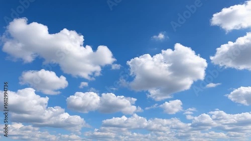 Celestial Canvas: A serene vista of a vibrant blue sky adorned with fluffy, billowing clouds, evoking feelings of peace, tranquility and limitless space.