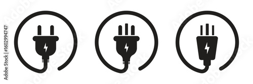 Collection of vector icons of EU, UK, and USA electrical plugs with cables in silhouette style on a white background. Vector illustration
