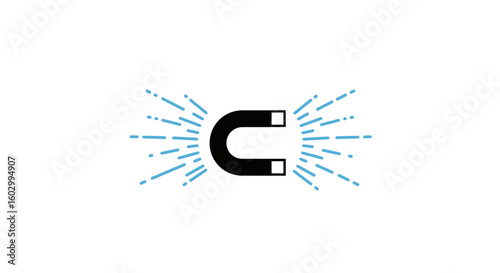 Black U-Shaped Magnet with Blue Attraction Lines, Isolated on White