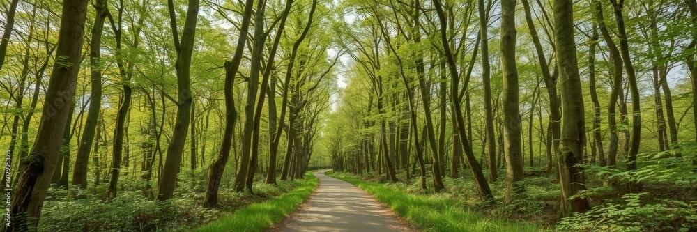 Walkway in a green spring beech forest. Beautiful natural tunnel. Eco tourism, travel destinations, environmental conservation, pure nature Walkway in a green spring beech forest. Beautiful natural tunnel. Eco tourism, travel destinations, environmental conservation, pure nature
