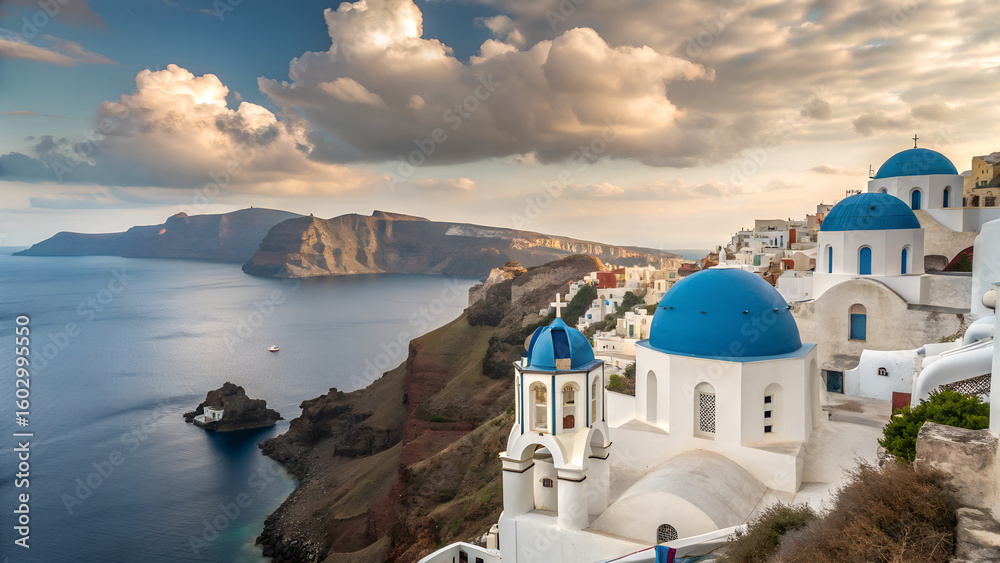 Obraz premium santorini---greece--volcanic-caldera---blue-domes-