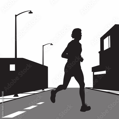 Silhouette of a runner exercising in urban cityscape with transparency