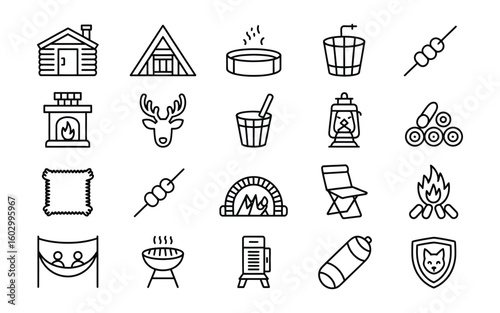 Leisure & Outdoor Recreation Icon Set - Modern Vector Set for Camping, Sauna, and Relaxation Activities