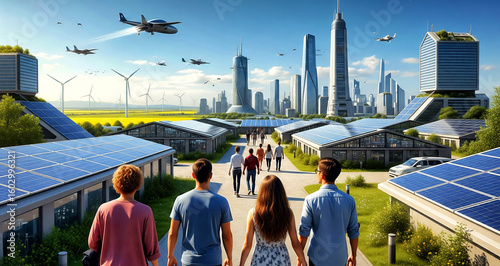 A solarpunk metropolis with futuristic buildings, built-in solar panels and wind turbines. AI - Generated