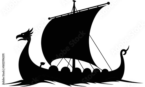 Silhouette of a viking ship on the water
