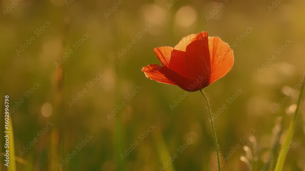 Fototapeta premium Single red poppy blooming in a golden meadow under sunset glow