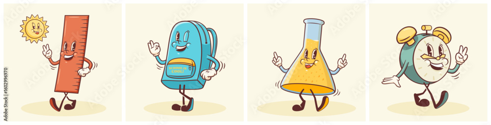 Fototapeta premium Groovy Back to School Retro Characters Set. Cartoon Pencil, Backpack, Clock, Book and Ruler. Vector Education Chemistry Mascot Templates. Happy Vintage Cool Learning Personage Illustrations Isolated