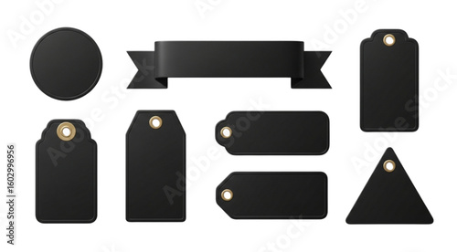 Collection of black tags and a ribbon with various shapes including circle rectangle and triangle shape design