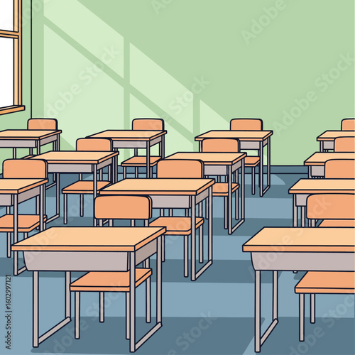 A cartoon illustration of a classroom filled with desks and chairs in an organized arrangement style
