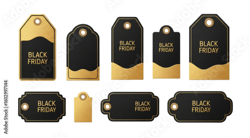 Collection of black friday sale tags with gold accents in various shapes and sizes on white background