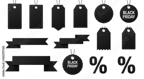 Illustration of various black sale tags and ribbons including black friday and percentage signs on white
