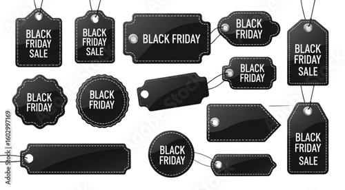 Illustration of various black friday sale tags and labels in different shapes and sizes on a white background