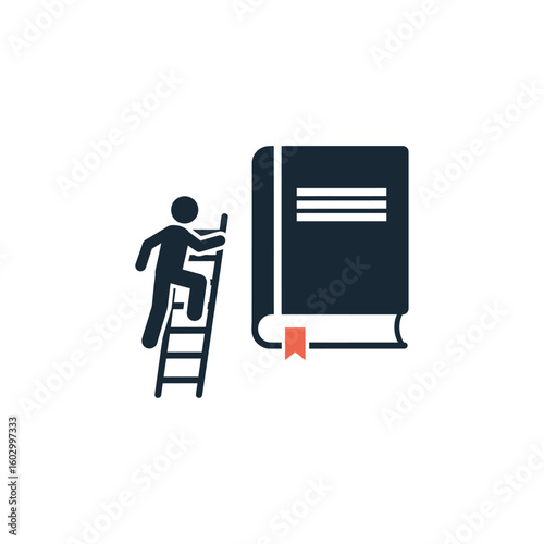 A person climbing a ladder towards a large book with a bookmark in a vector icon illustration