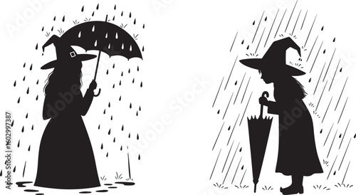 Two witches with umbrellas in the rain silhouette