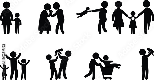 Family stick figure icon set -Parenting, Protection, Accessibility, and Care Concepts in Vector 