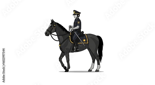 Officer Riding Horse Illustration on White Background