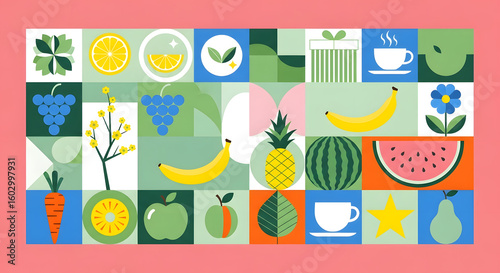 Colorful geometric pattern of fresh fruits, vegetables, and healthy lifestyle icons on a grid