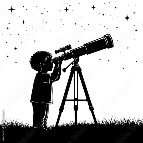 A silhouette of a child looking through a telescope at stars in the night sky illustration