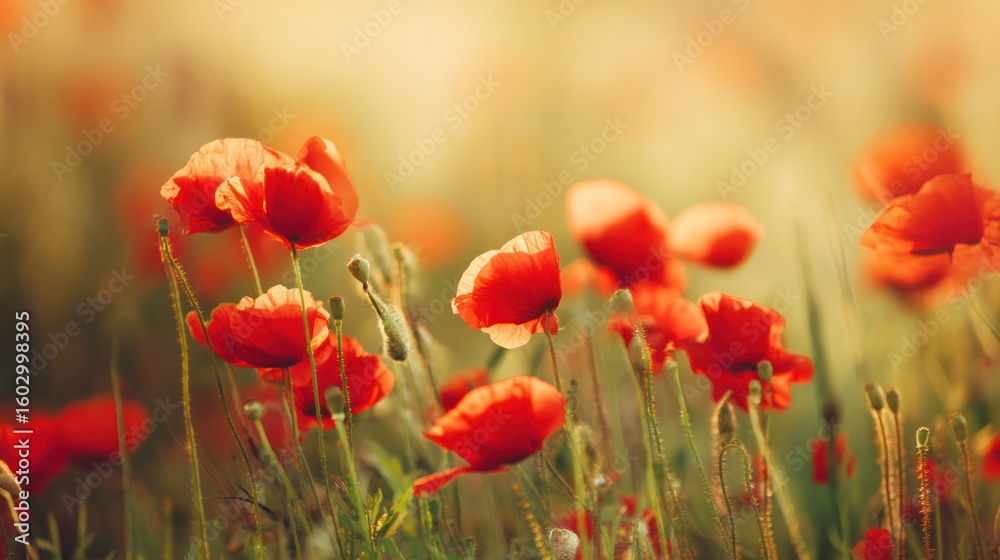 Fototapeta premium The bright red poppies glittered in the golden light of the sunset.