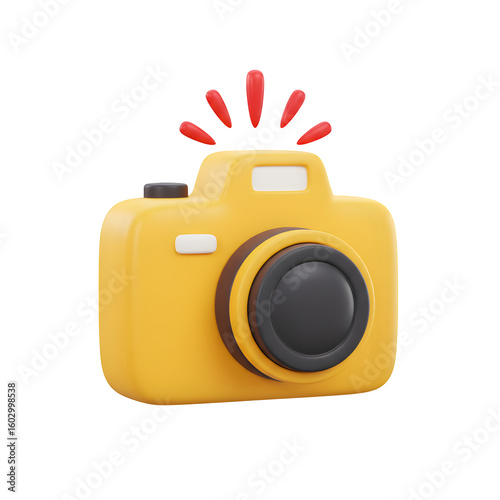 Yellow Camera with Flash 3d rendered, isolated on transparent background