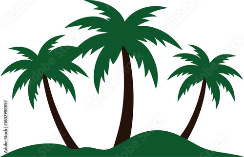 Three green palm trees stand tall against a clear sky on a small island with sandy ground and green vegetation representing a tropical paradise vacation or summer getaway destination