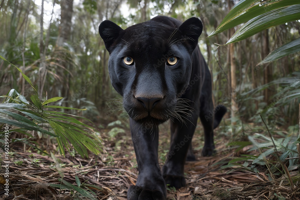 Fototapeta premium Black panther stalking through dense jungle with intense gaze