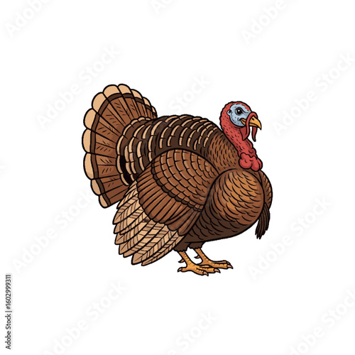 Realistic Brown Turkey Standing in Profile with Feather Details