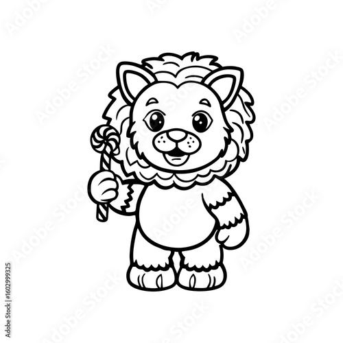A cute, cartoon lion illustration holding a lollipop, outlined in black and white, ready for coloring.