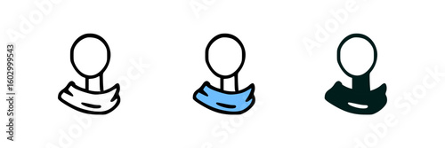 Three variations of a simple graphic design: a circular head atop a draped element, shown in black outline, light blue, and solid black.