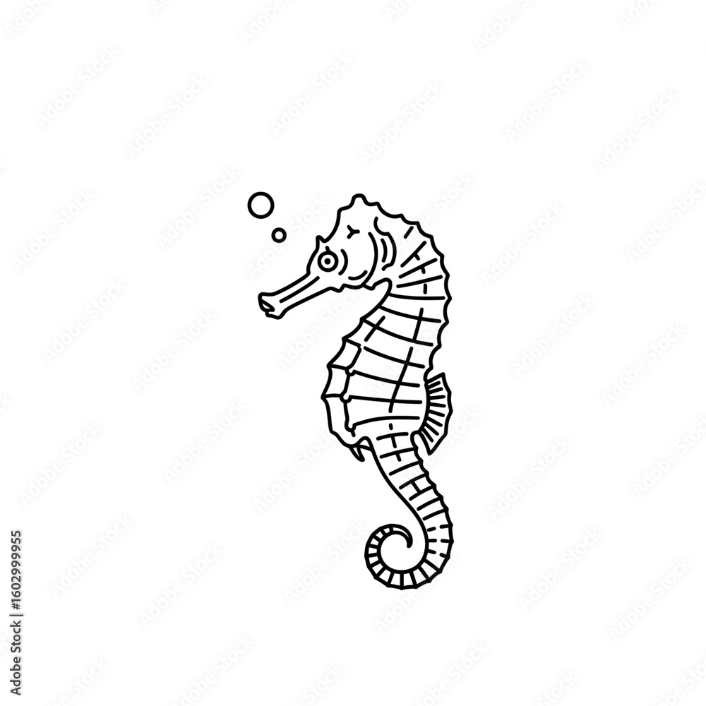 Fototapeta premium Detailed Black and White Seahorse Floating with Bubbles Underwater