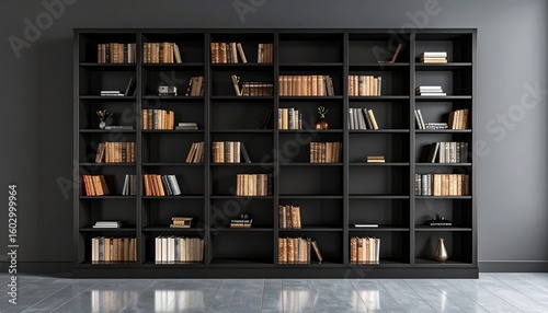 Dark-colored bookcase filled with books
