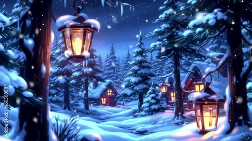 Enchanting winter wonderland scene with snow falling and cozy cabins nestled in a forest at night