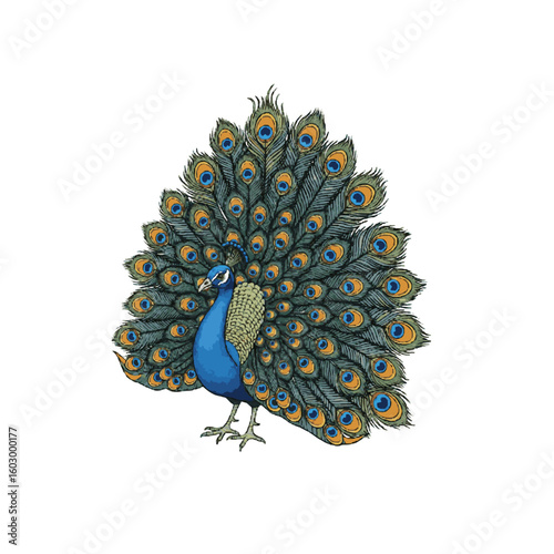 Vibrant illustration of a peacock with fully spread tail feathers in frontal view