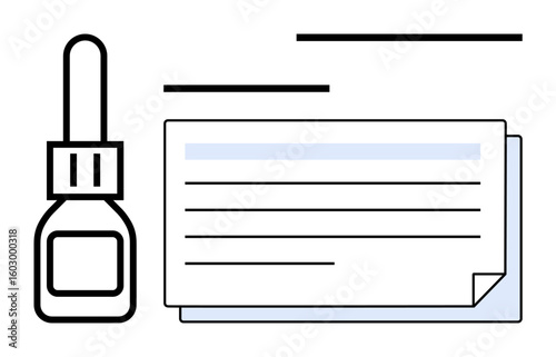 Eyedropper bottle alongside layered document sheets signifies healthcare guidance and medication usage. Ideal for medicine, pharmacy, healthcare, prescriptions, instruction, treatment, simple flat