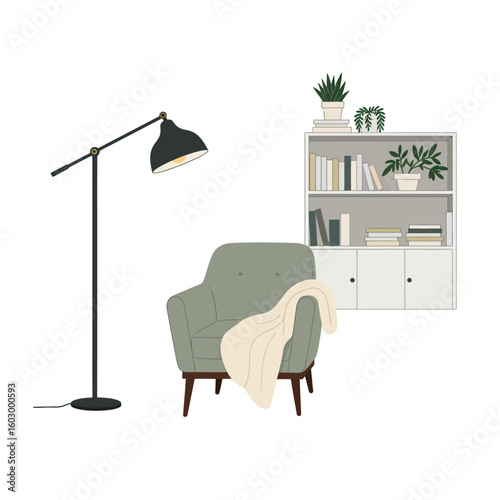 Stylish, minimalist interior scene featuring a floor lamp, armchair, and bookshelf.