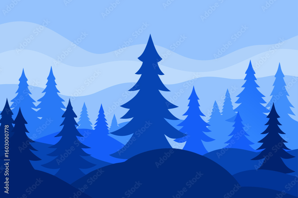Fototapeta premium Festive winter forest landscape with snow-covered pine trees and snowflakes, perfect for a holiday celebration card design