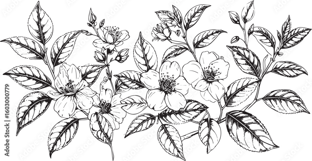 Fototapeta premium Hand-Drawn Tea Blossom Cluster