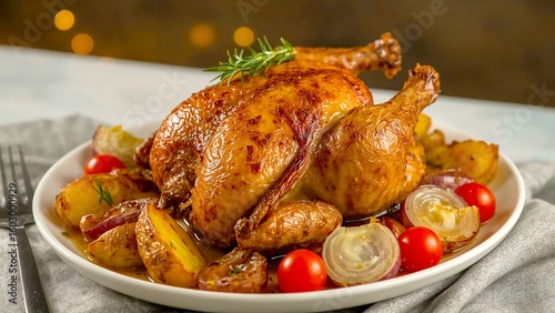 Roasted chicken served with potatoes, tomatoes, onions, and rosemary on a white plate