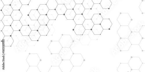 Molecular structure abstract tech background. Geometric white background. Vector banner design with hexagons. Science network pattern, connecting lines and dots Medical background, Vector illustration