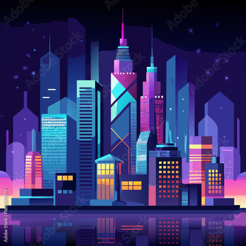 A vibrant and stylized cityscape at night rendered in a vector style with neon colors and reflections showcasing a modern urban skyline under a starry