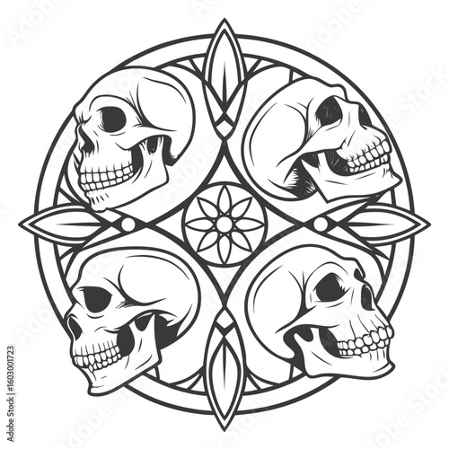 Decorative vector bundle of human and animal skulls isolated on white background