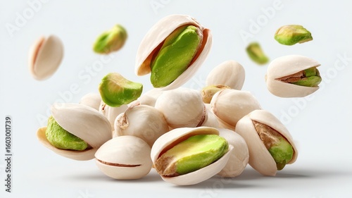 and nuts falling and creating a pile on a clean white background, perfect for healthy snacking Pistachio culinary projects
