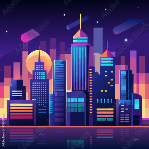 Vibrant Cityscape at Night A stylized illustration of a modern city skyline with tall buildings a glowing moon and a dark reflective surface rendered in